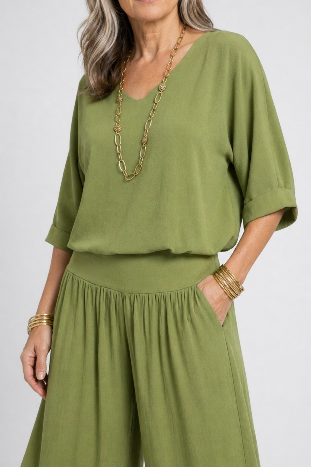 Relaxed V-Neck Top and Wide-Leg Pants Set