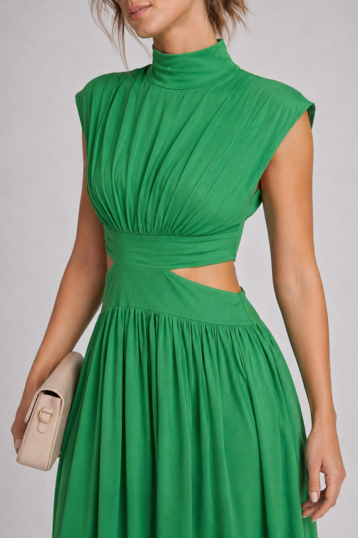 Cut-Out Waist Midi Dress with High Neck