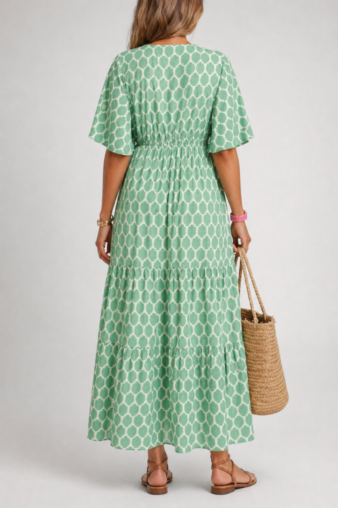 Printed Tiered Midi Dress with Flutter Sleeves