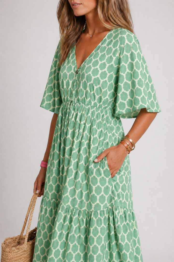 Printed Tiered Midi Dress with Flutter Sleeves