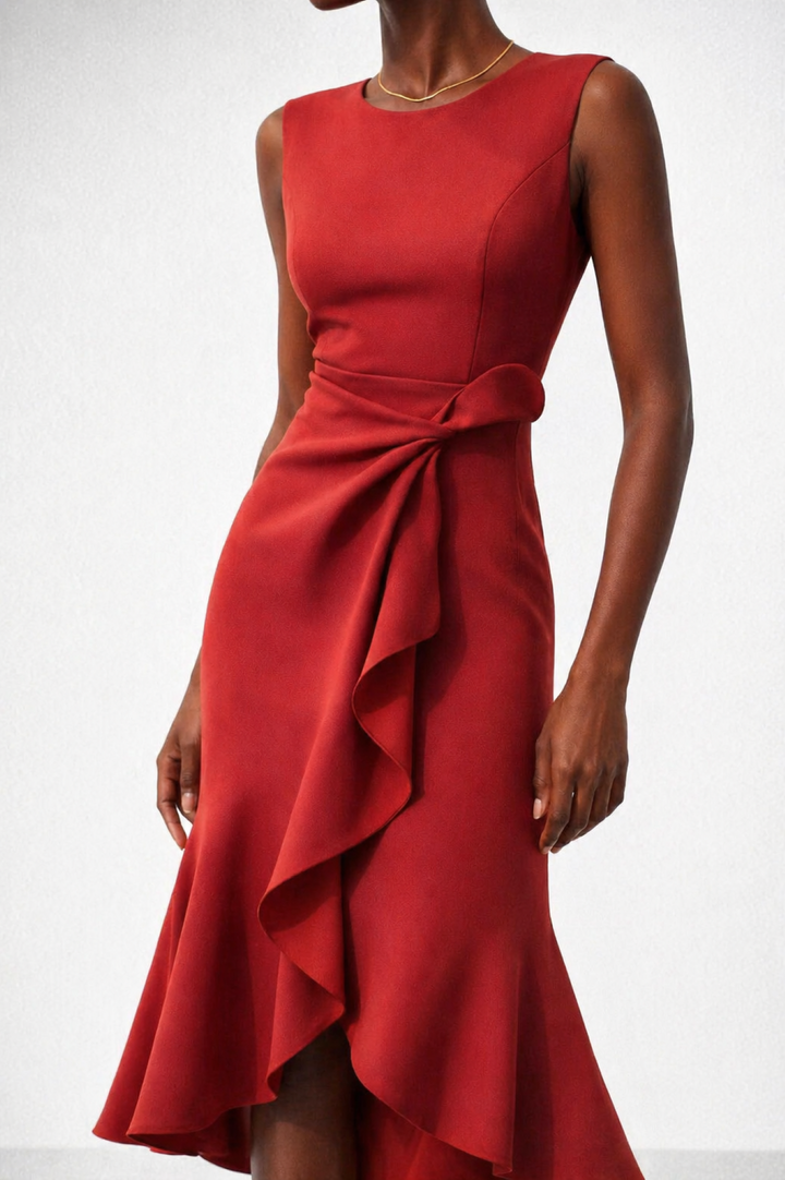 Ruffle Wrap Midi Dress with Sleeveless Design