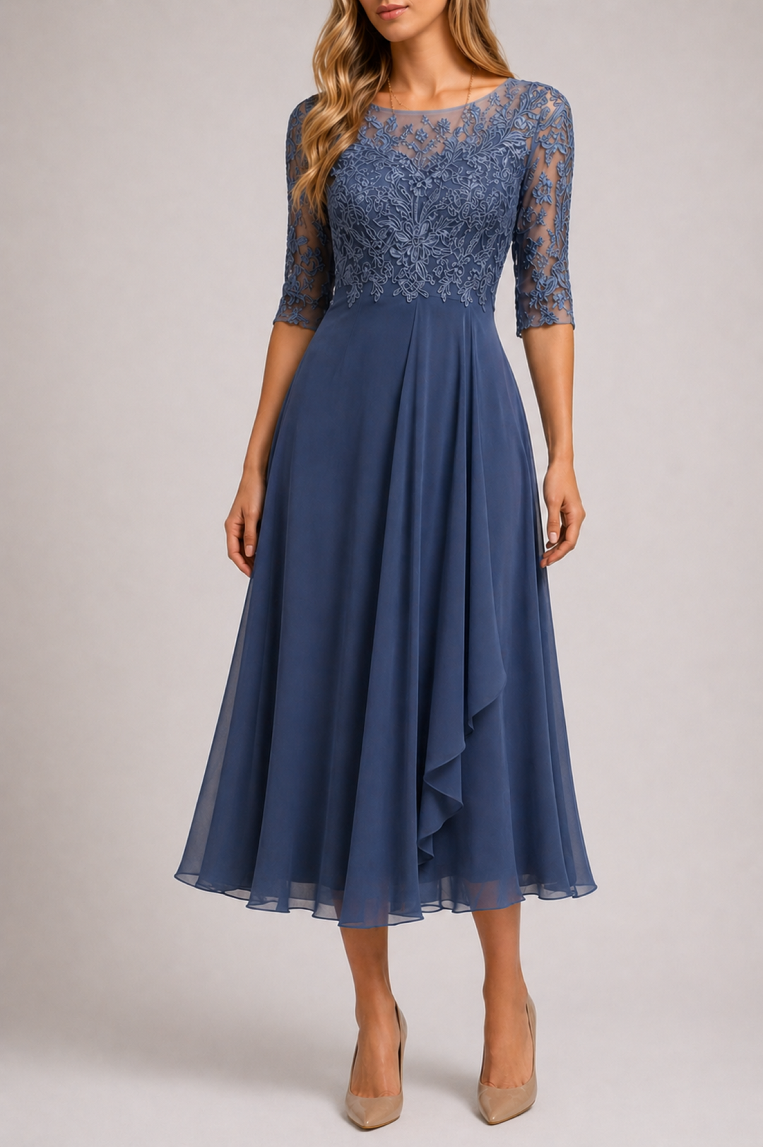 Lace Bodice Midi Dress with Sheer Sleeves