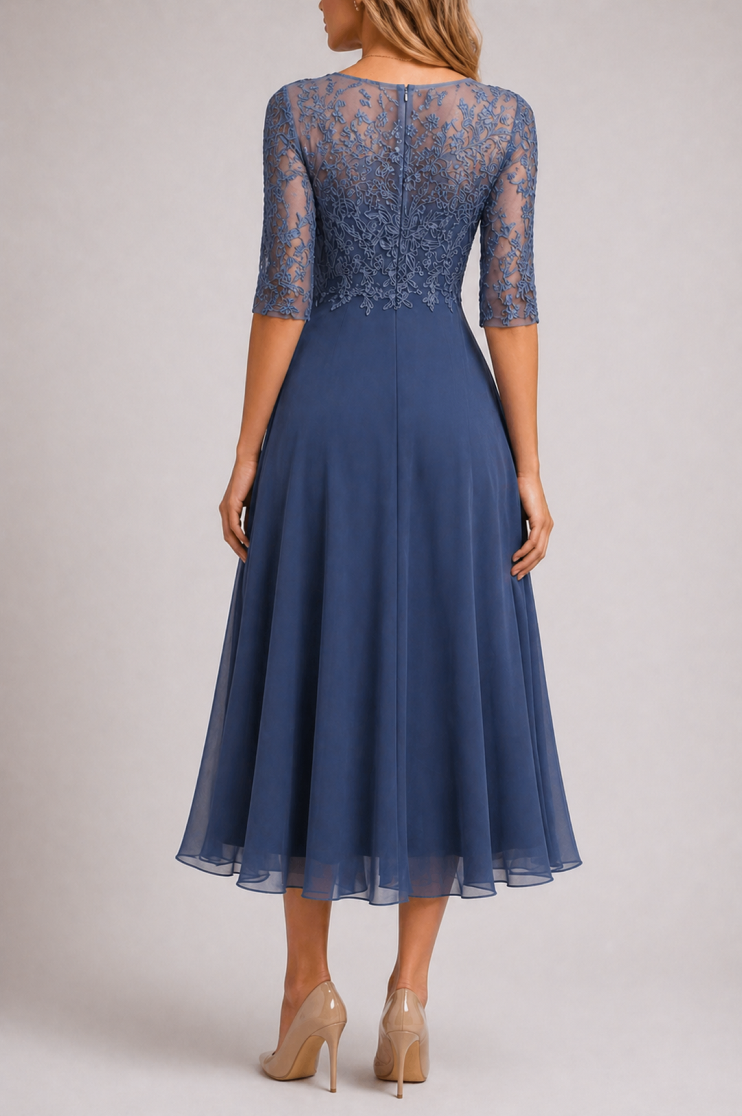 Lace Bodice Midi Dress with Sheer Sleeves