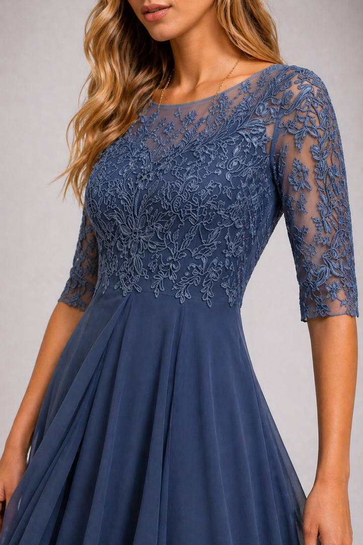 Lace Bodice Midi Dress with Sheer Sleeves