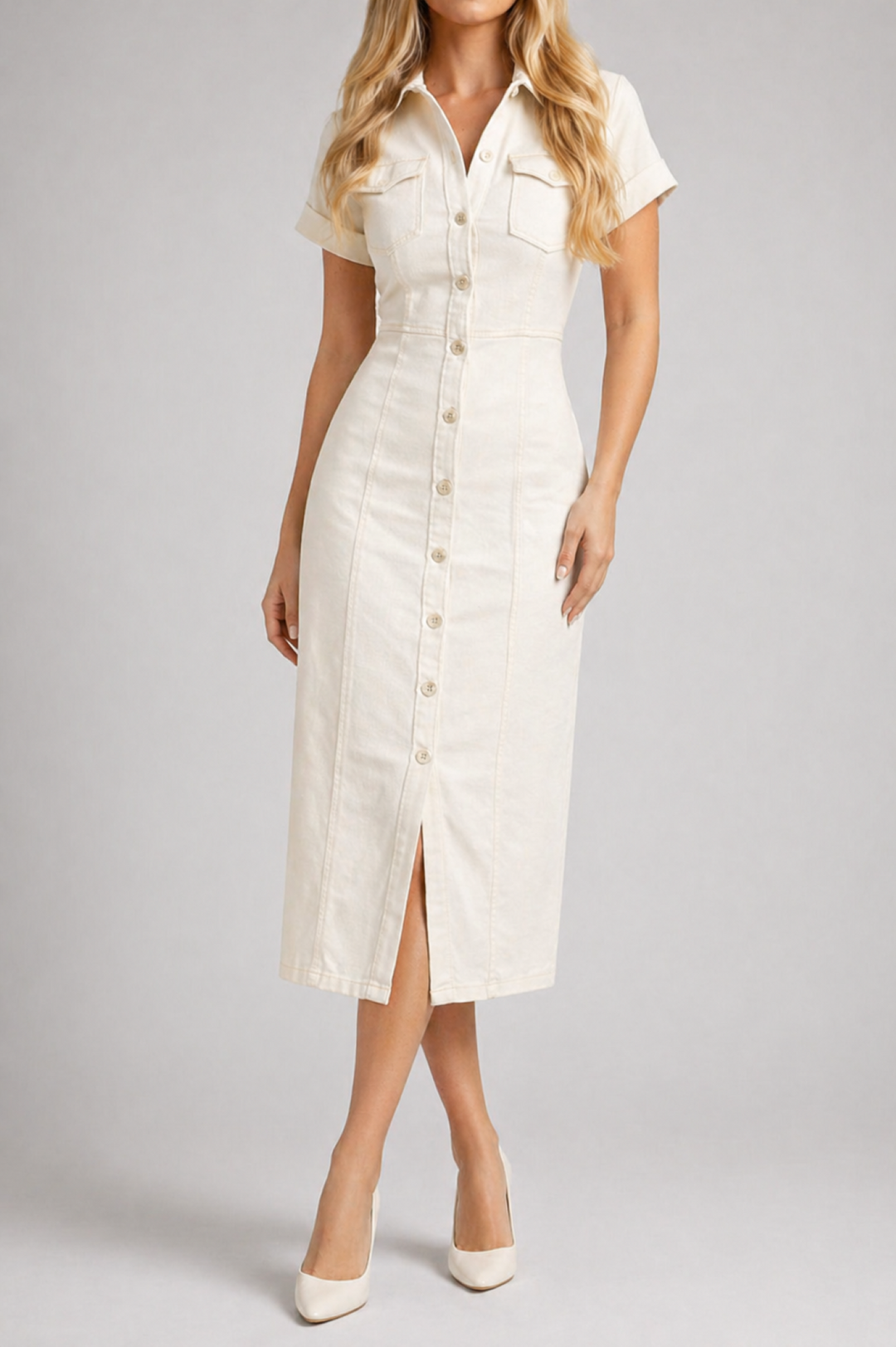 White Denim Maxi Dress Short Sleeve Button Front Summer