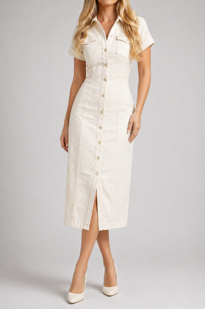 White Denim Maxi Dress Short Sleeve Button Front Summer
