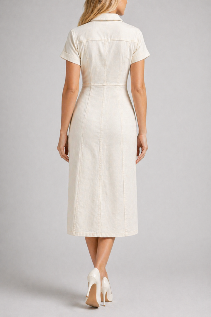 White Denim Maxi Dress Short Sleeve Button Front Summer