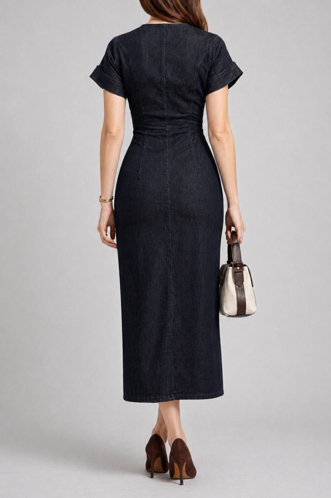 Denim Midi Dress with Lapel and Side Zipper Slim Fit Spring