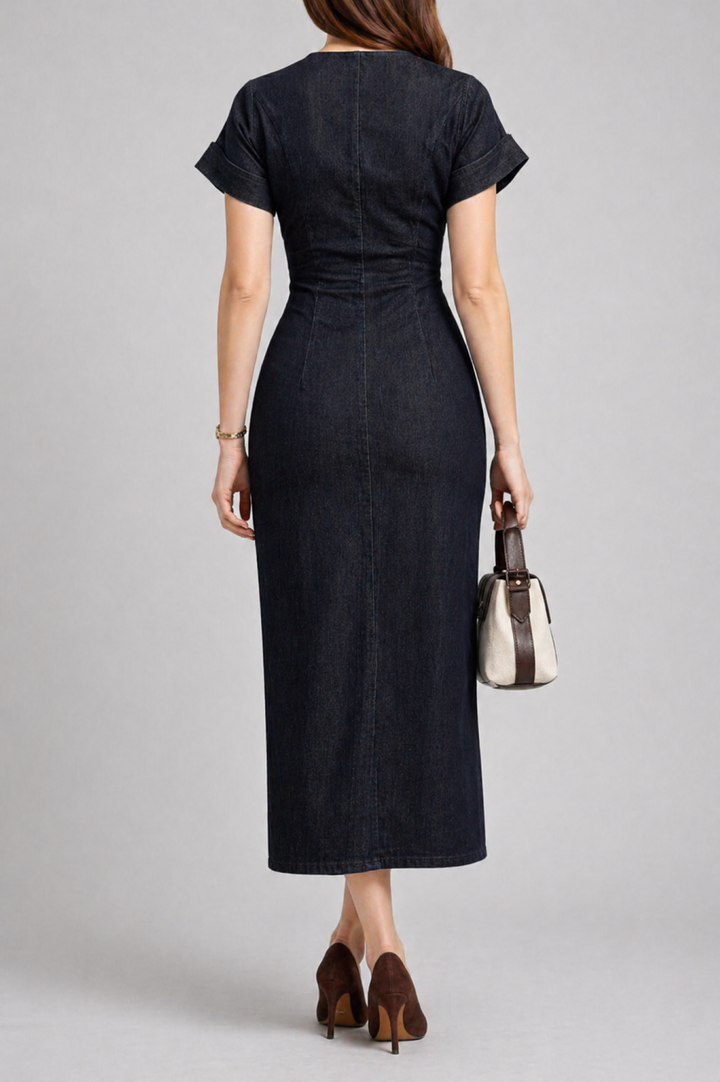 Denim Midi Dress with Lapel and Side Zipper Slim Fit Spring