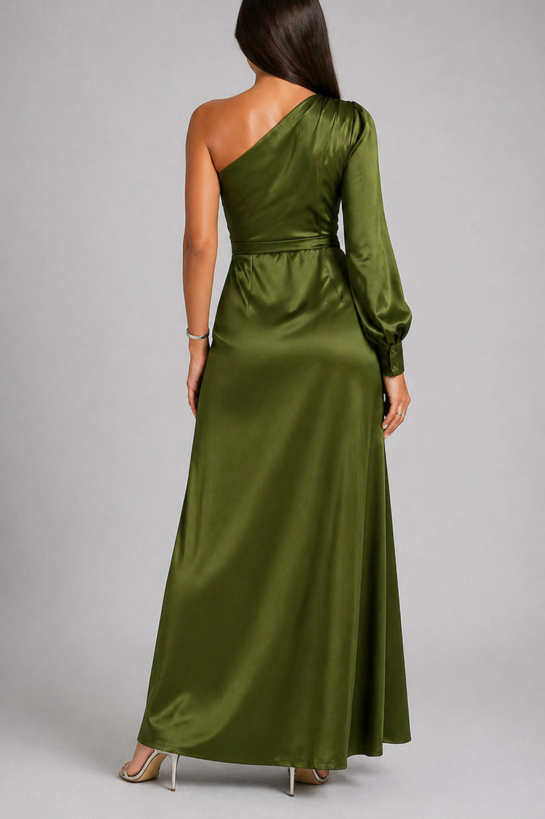 One-Shoulder Satin Maxi Dress with Ruched Waist