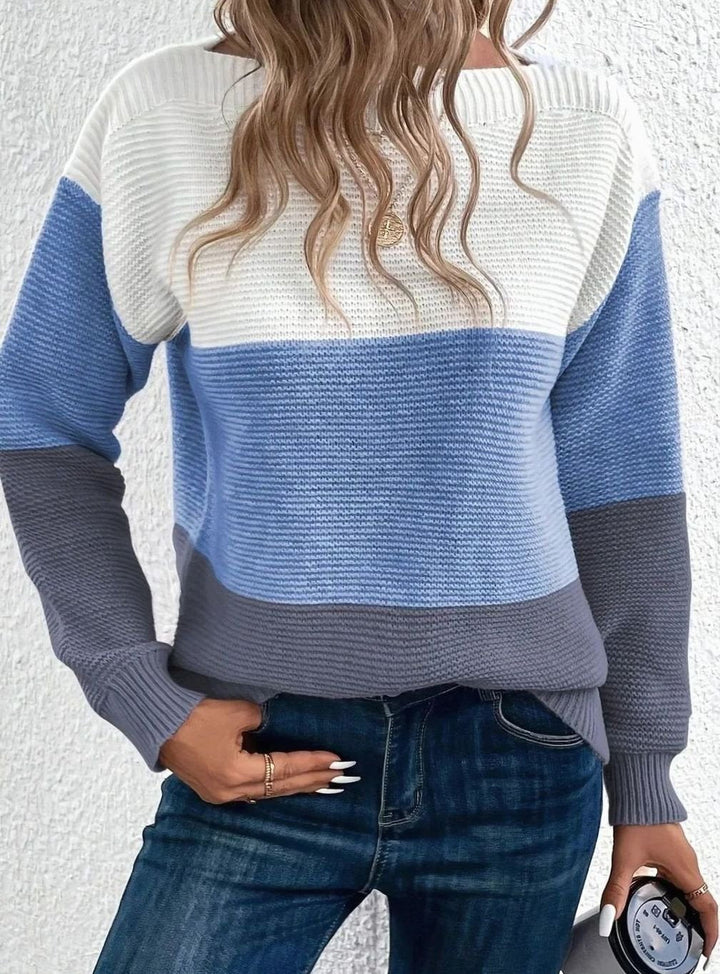 Color Block Knit Sweater with Boat Neckline for Women