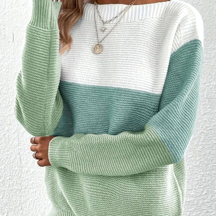 Color Block Knit Sweater with Boat Neckline for Women