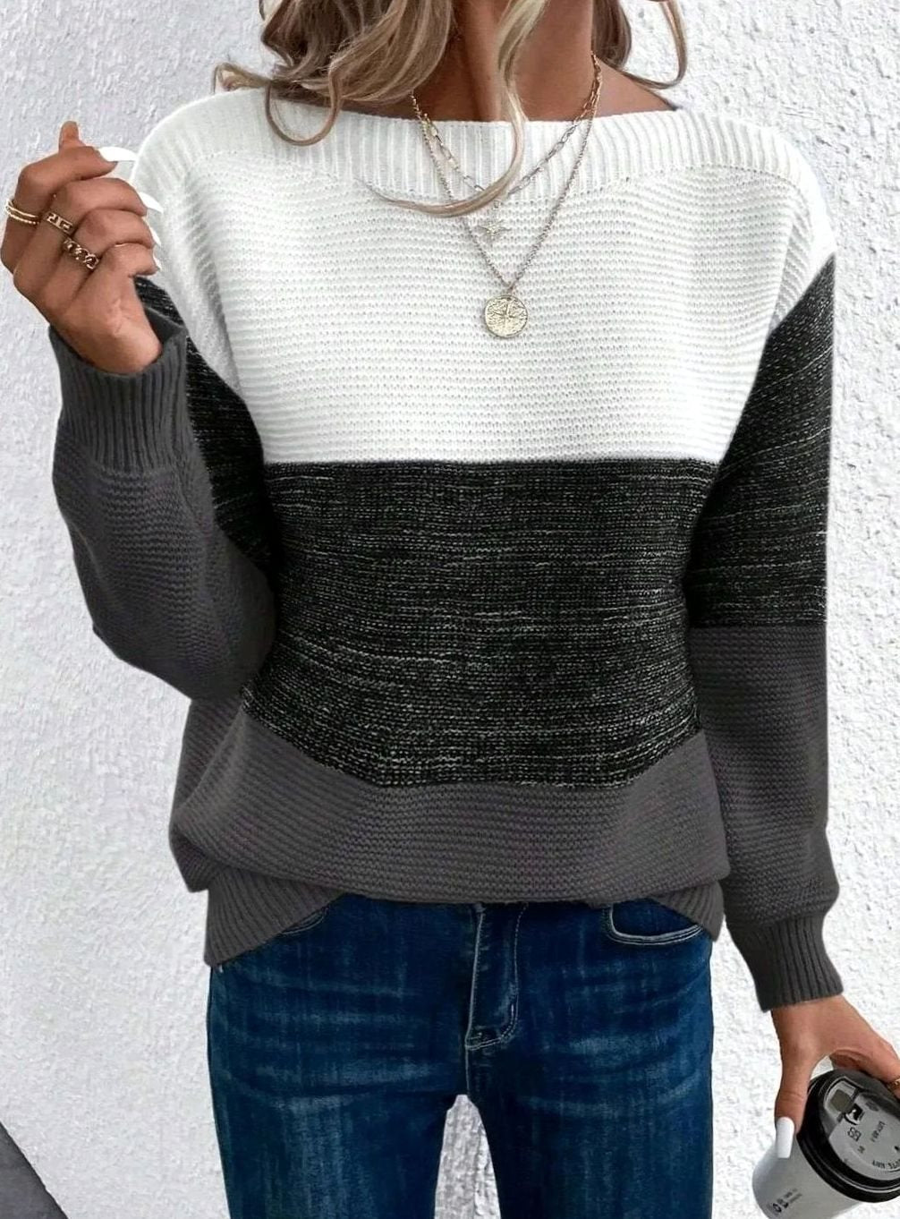 Color Block Knit Sweater with Boat Neckline for Women