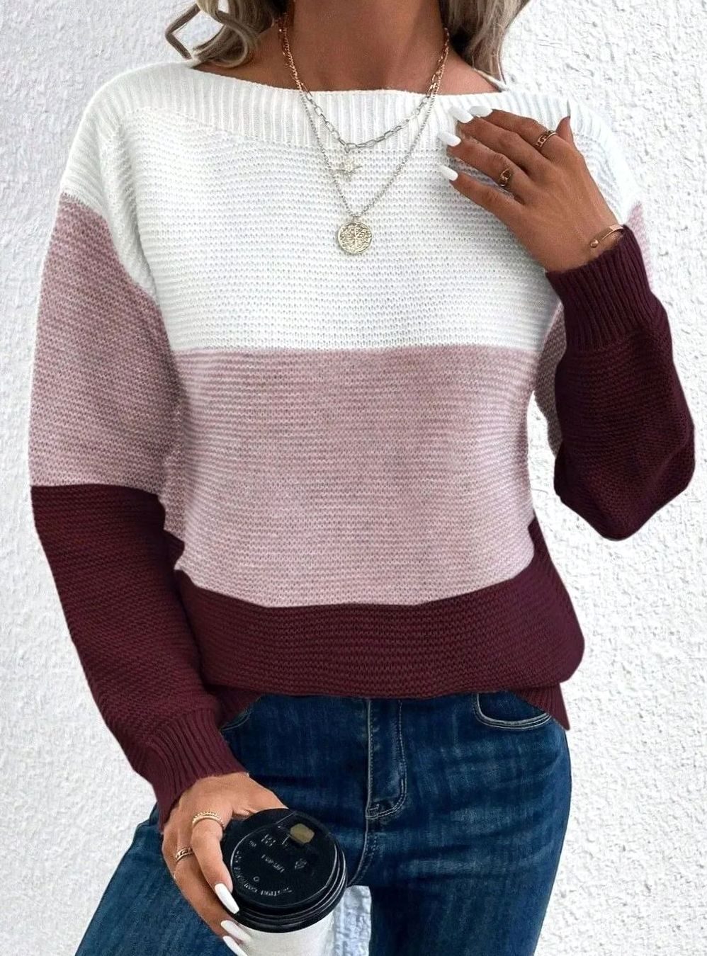 Color Block Knit Sweater with Boat Neckline for Women