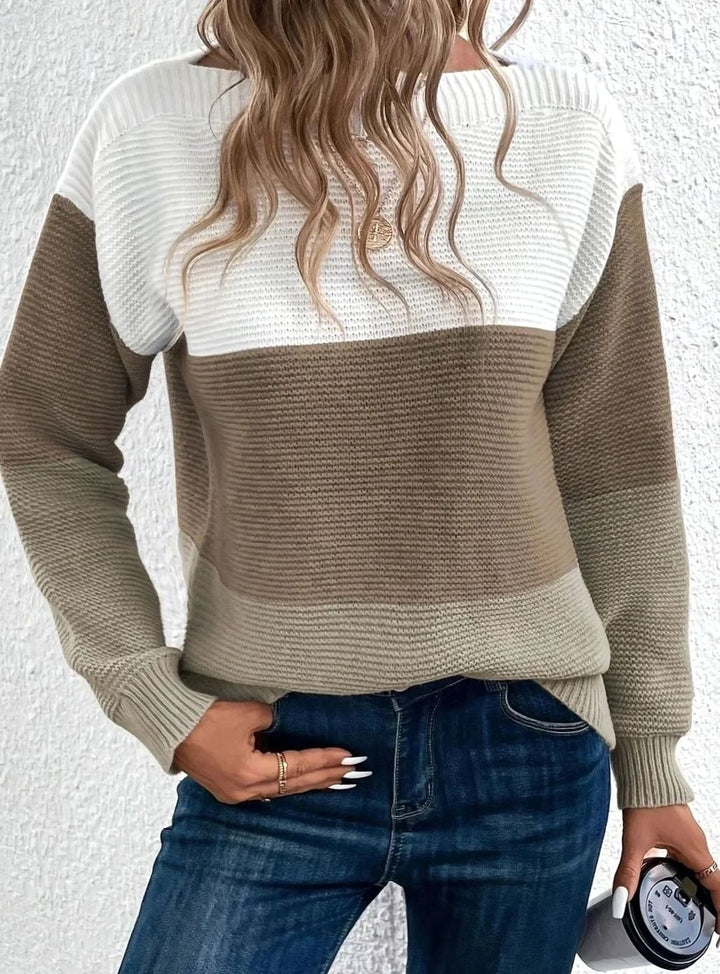 Color Block Knit Sweater with Boat Neckline for Women