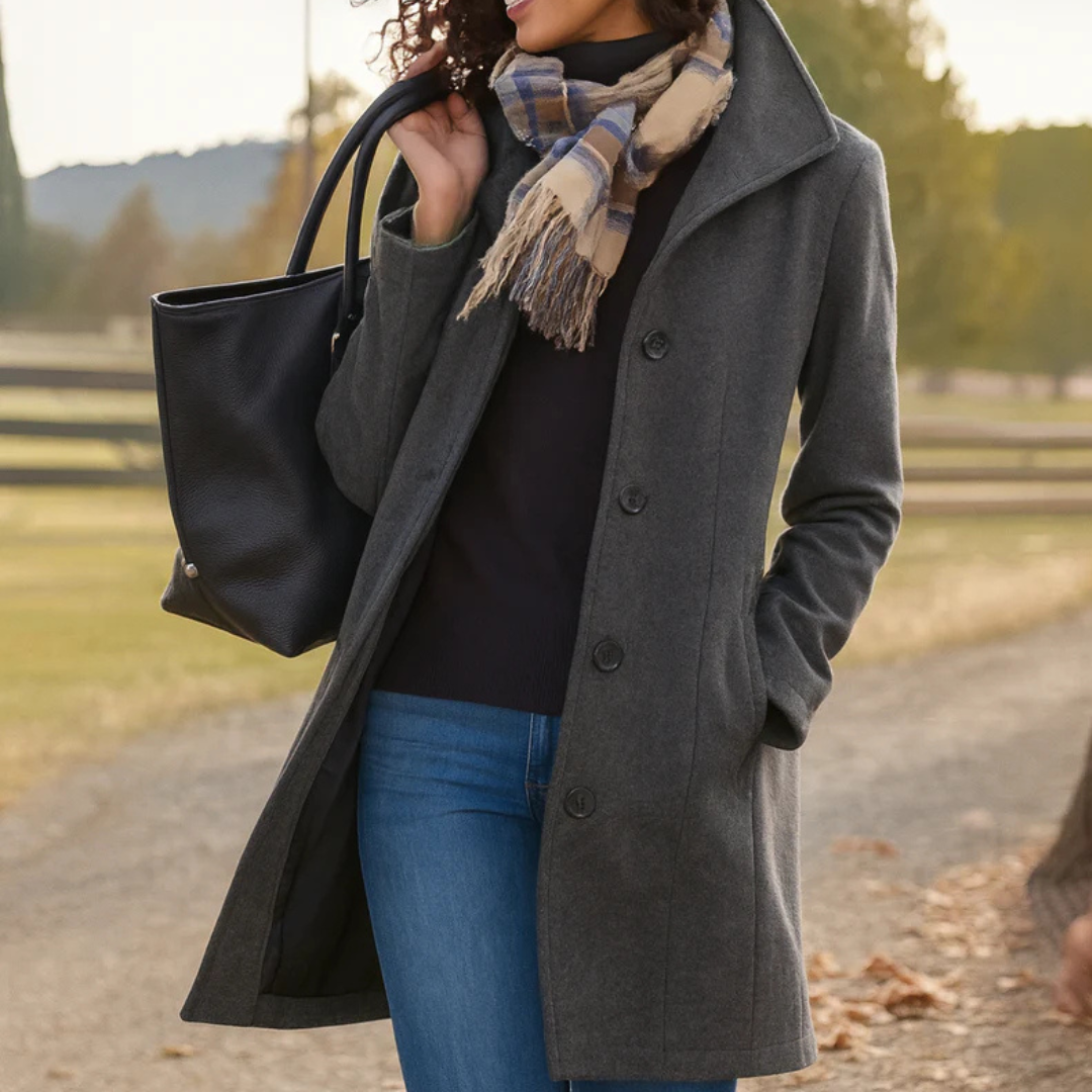 Mid Length Wool Coat with High Collar for Women