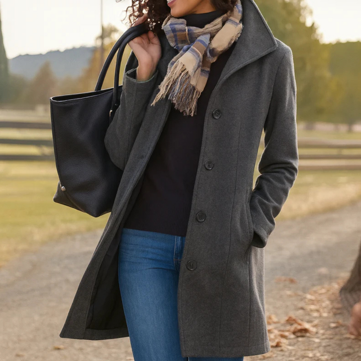 Mid Length Wool Coat with High Collar for Women