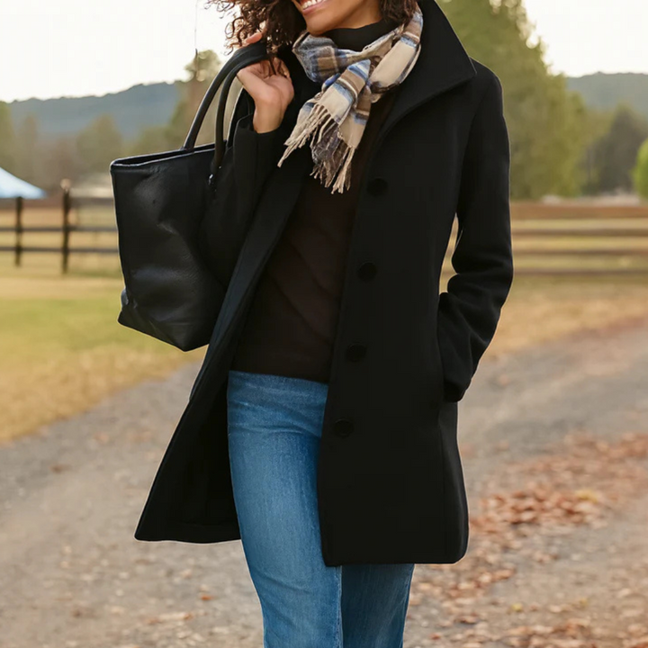 Mid Length Wool Coat with High Collar for Women