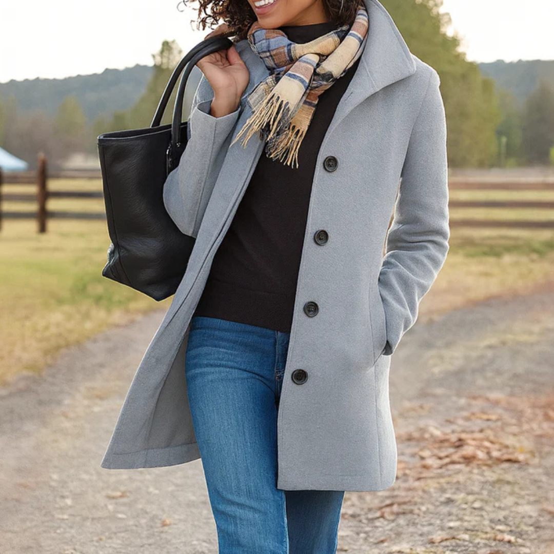 Mid Length Wool Coat with High Collar for Women