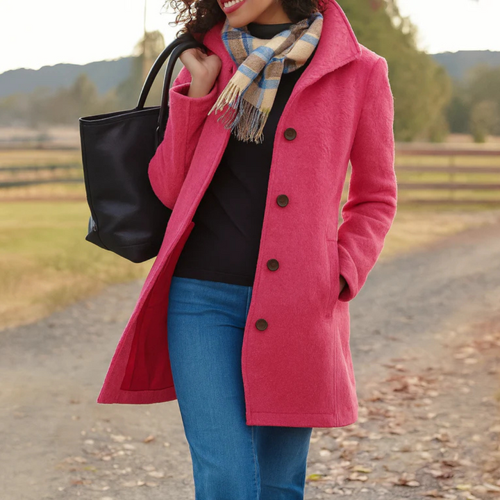 Mid Length Wool Coat with High Collar for Women