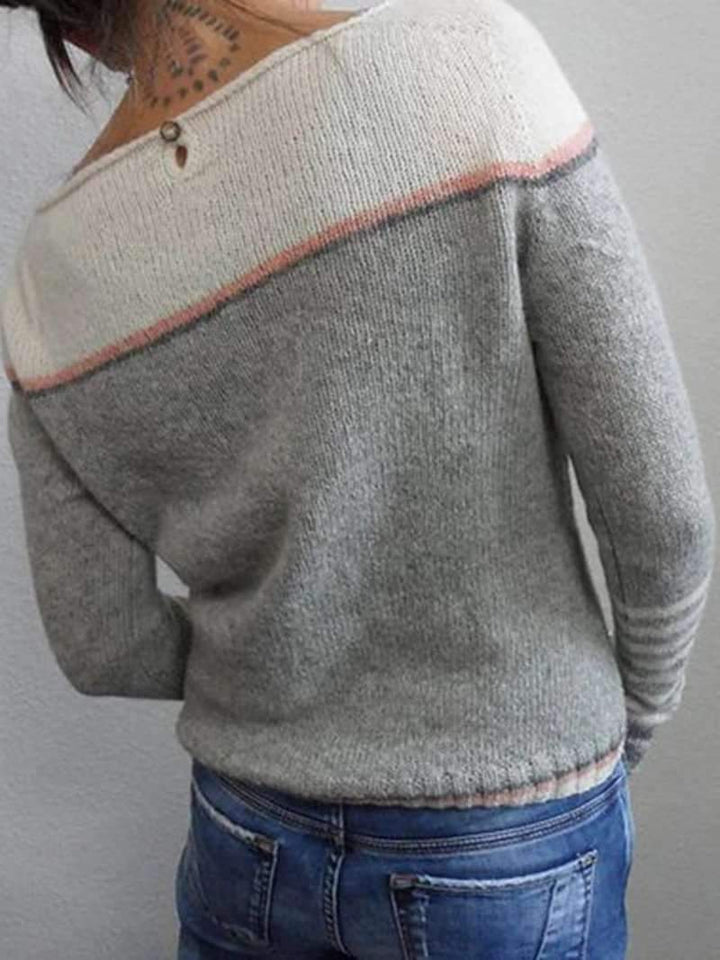 Fine Knit Sweater with Contrast Shoulder Panel and Striped Cuffs for Women