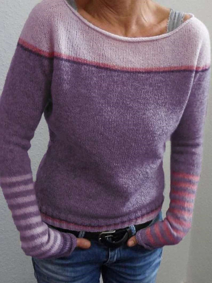 Fine Knit Sweater with Contrast Shoulder Panel and Striped Cuffs for Women