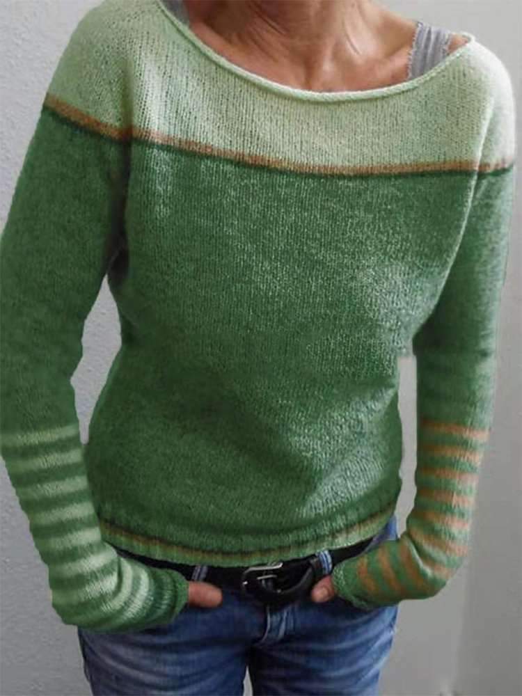 Fine Knit Sweater with Contrast Shoulder Panel and Striped Cuffs for Women