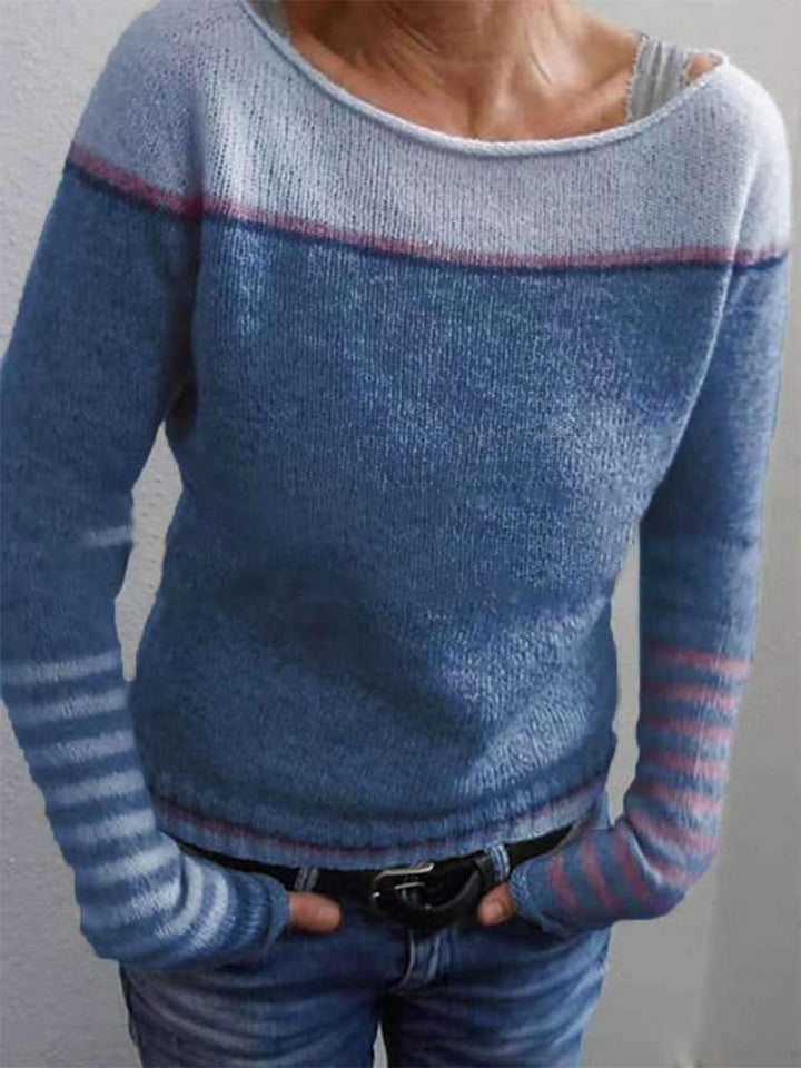 Fine Knit Sweater with Contrast Shoulder Panel and Striped Cuffs for Women