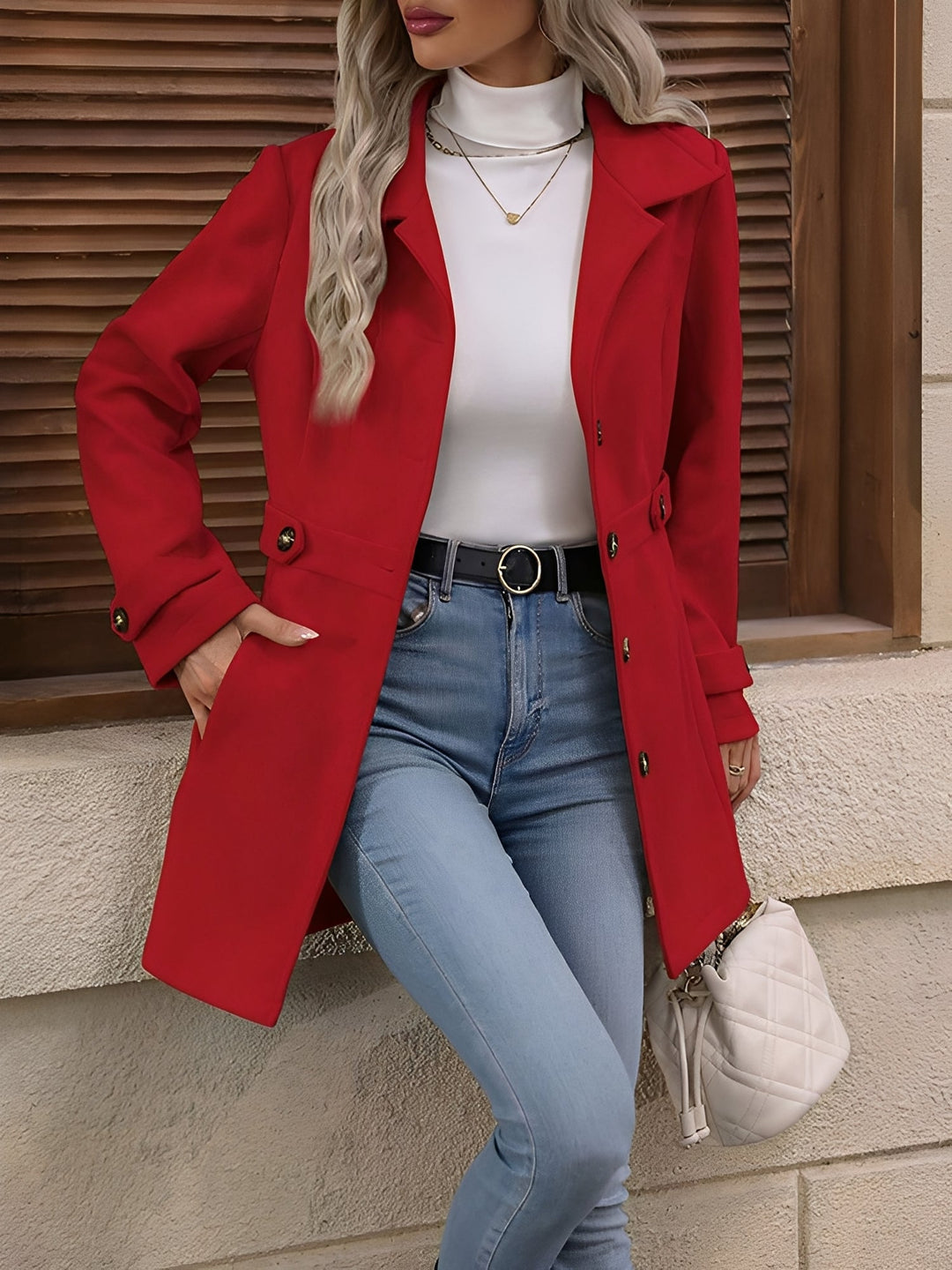 Fitted Double Breasted Trench Coat with Gold Button Detail for Women