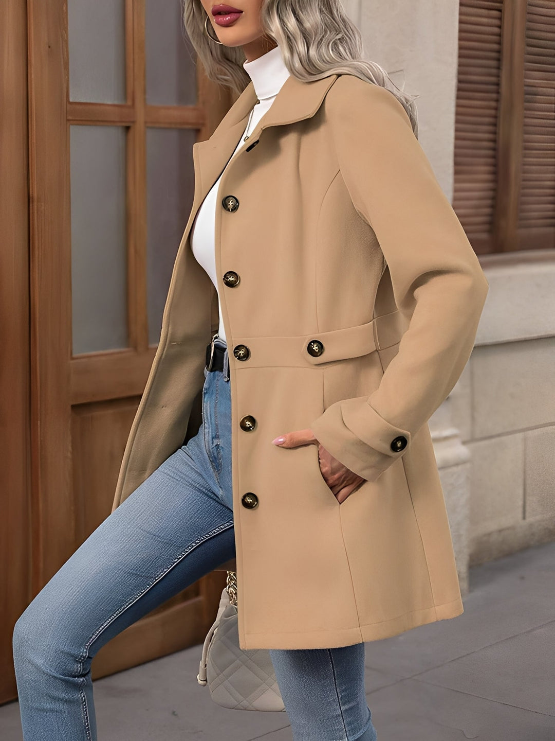 Fitted Double Breasted Trench Coat with Gold Button Detail for Women