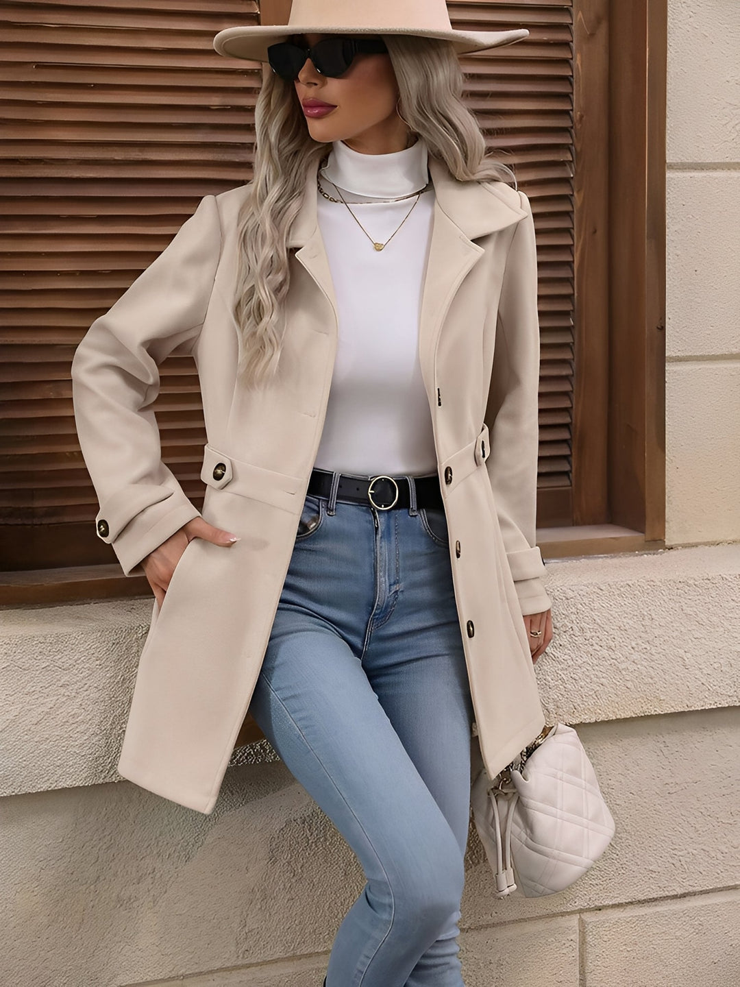 Fitted Double Breasted Trench Coat with Gold Button Detail for Women