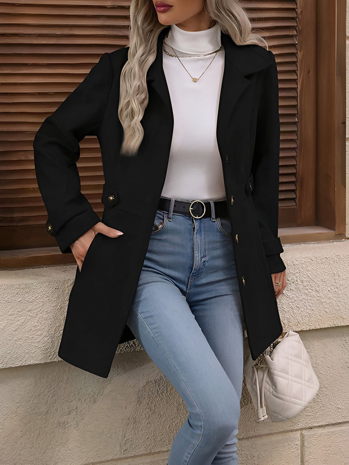 Fitted Double Breasted Trench Coat with Gold Button Detail for Women