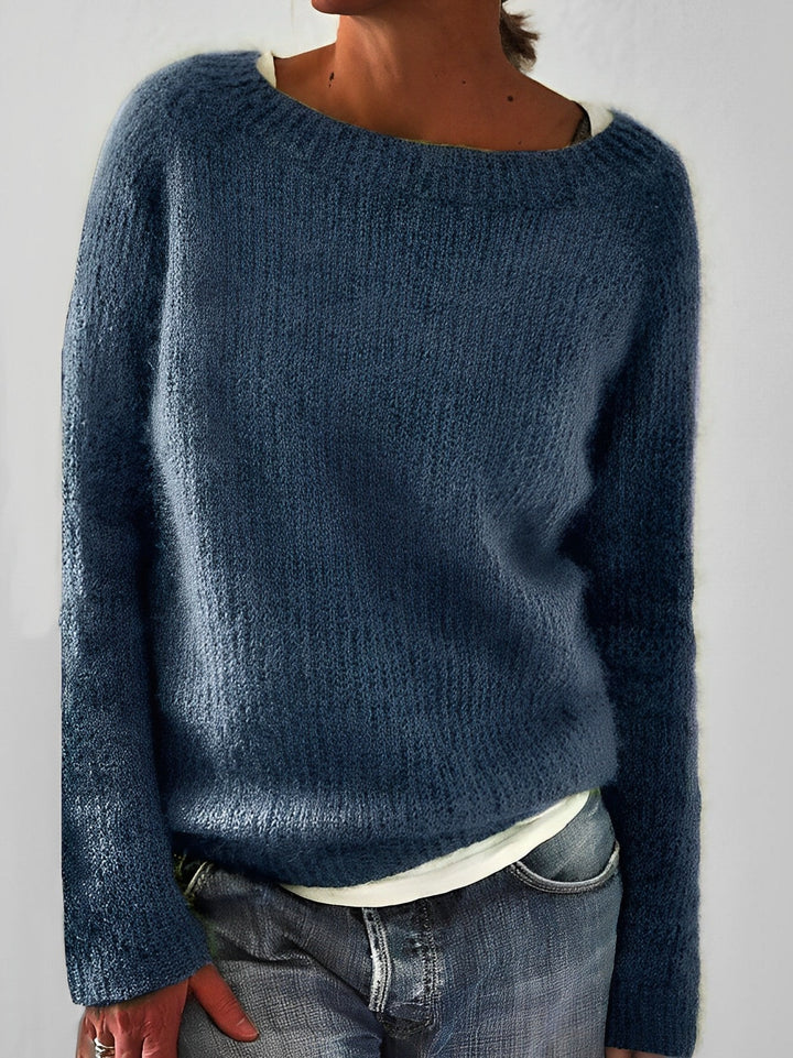 Fluffy Knit Sweater with Wide Round Neckline for Women