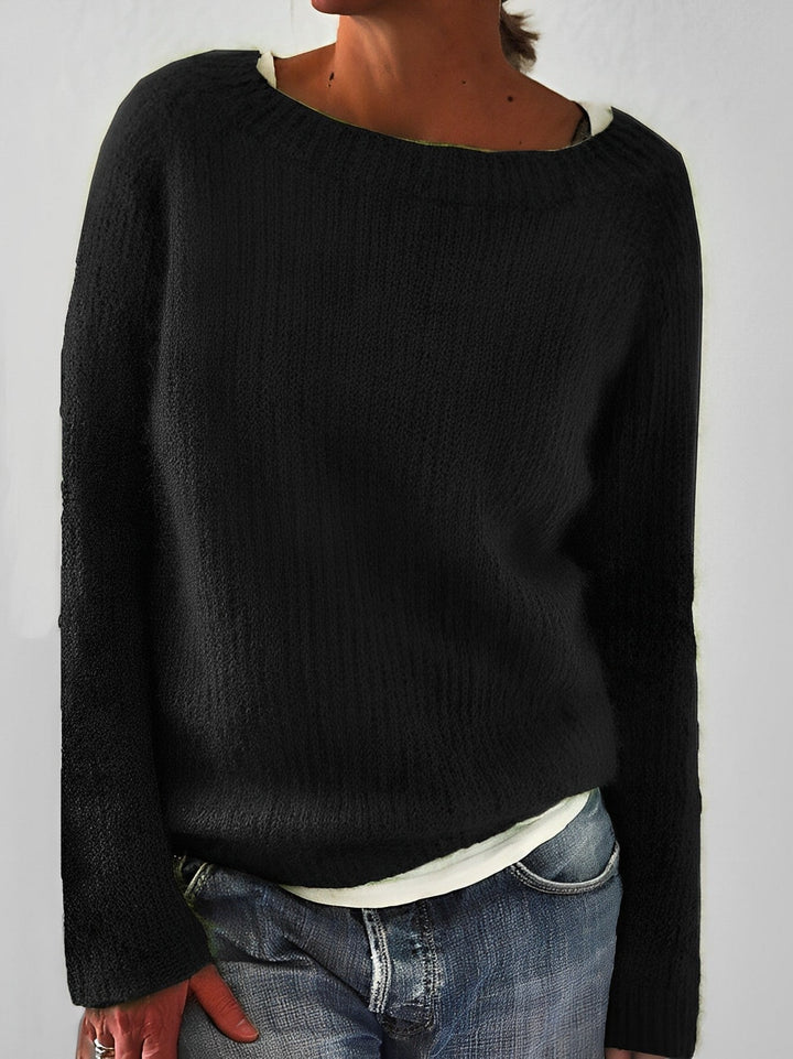 Fluffy Knit Sweater with Wide Round Neckline for Women
