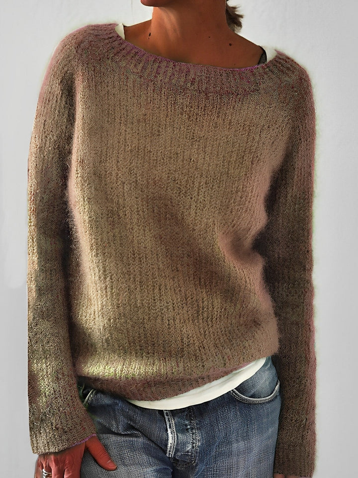 Fluffy Knit Sweater with Wide Round Neckline for Women