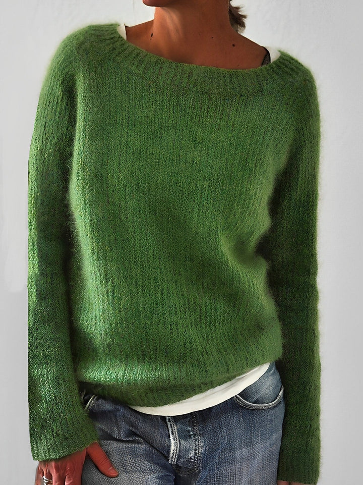 Fluffy Knit Sweater with Wide Round Neckline for Women