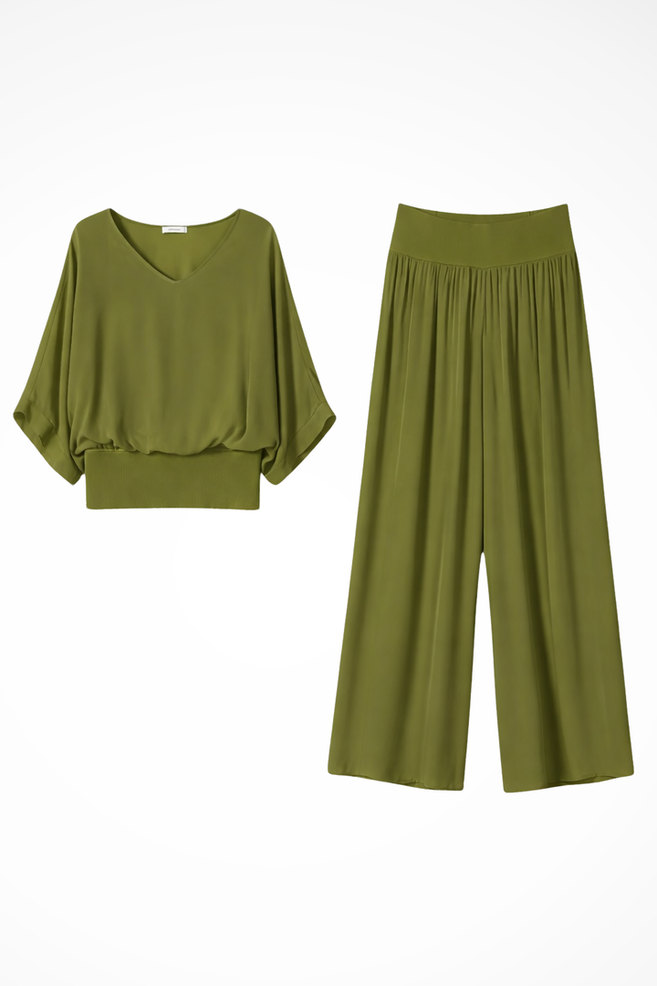 Relaxed V-Neck Top and Wide-Leg Pants Set
