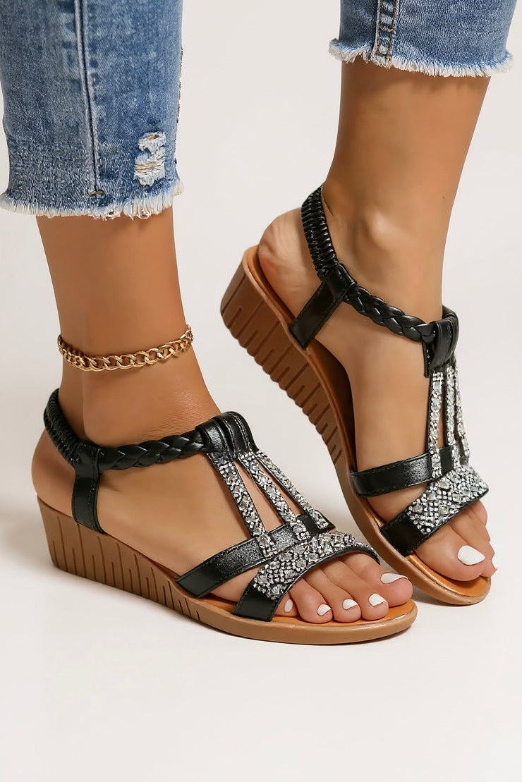 Embellished Wedge Sandals with Ankle Strap