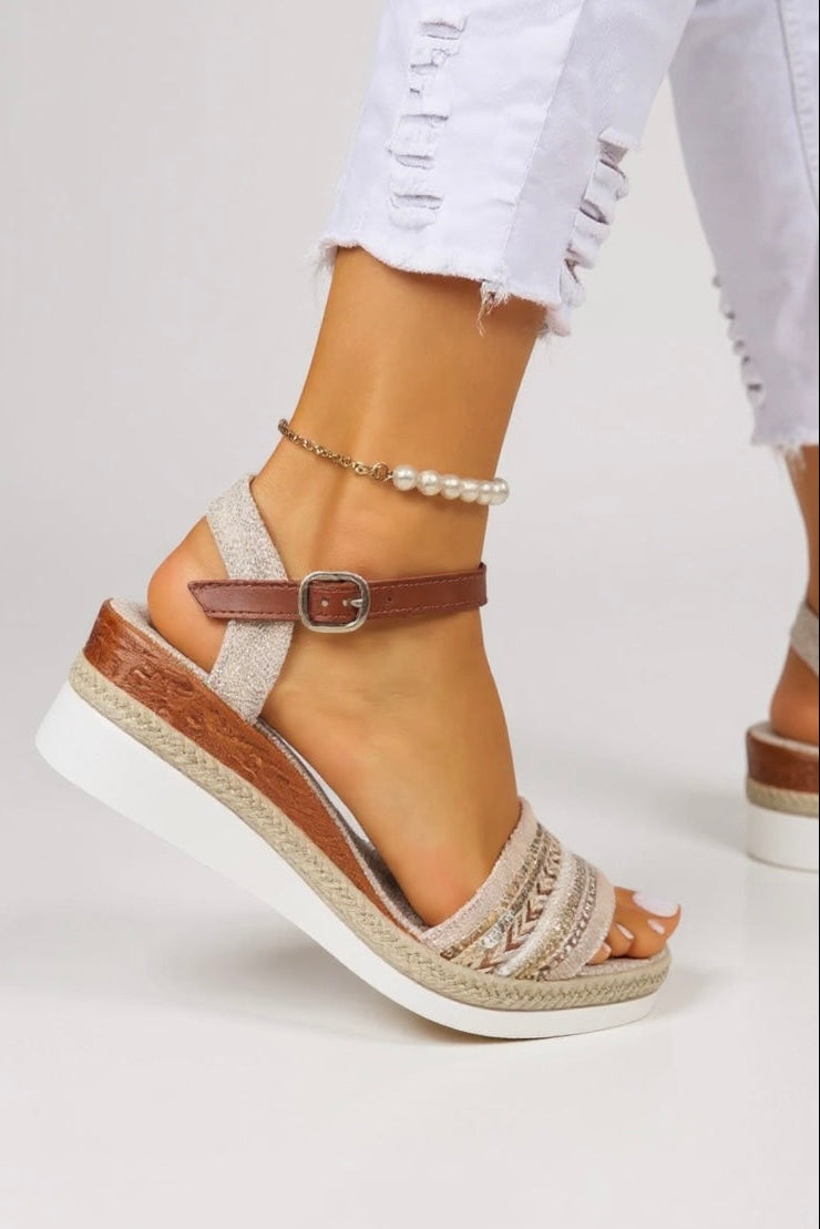 Beaded Wedge Sandals with Ankle Strap