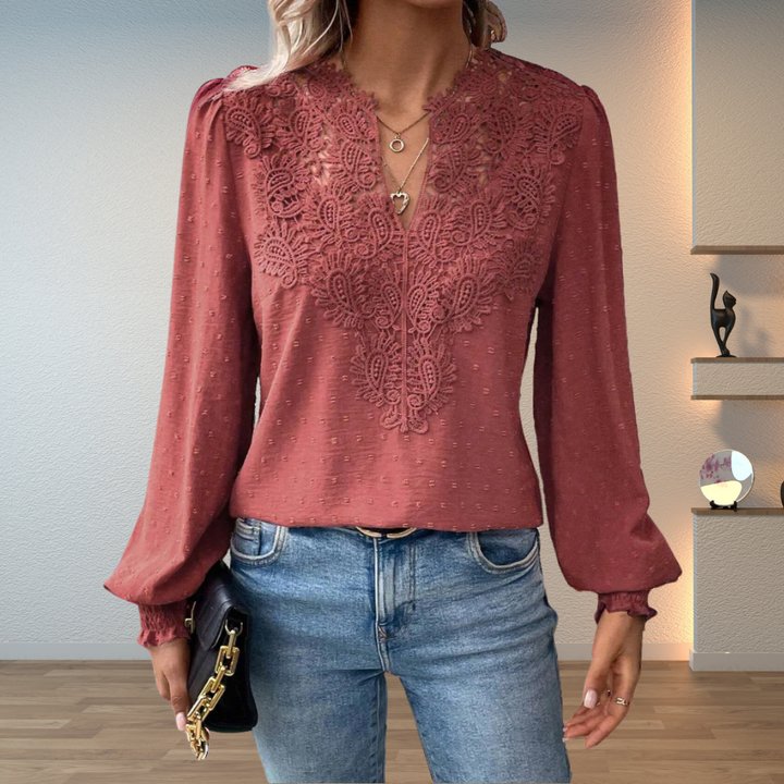 Lace Blouse with V-Neckline and Puff Sleeves for Women