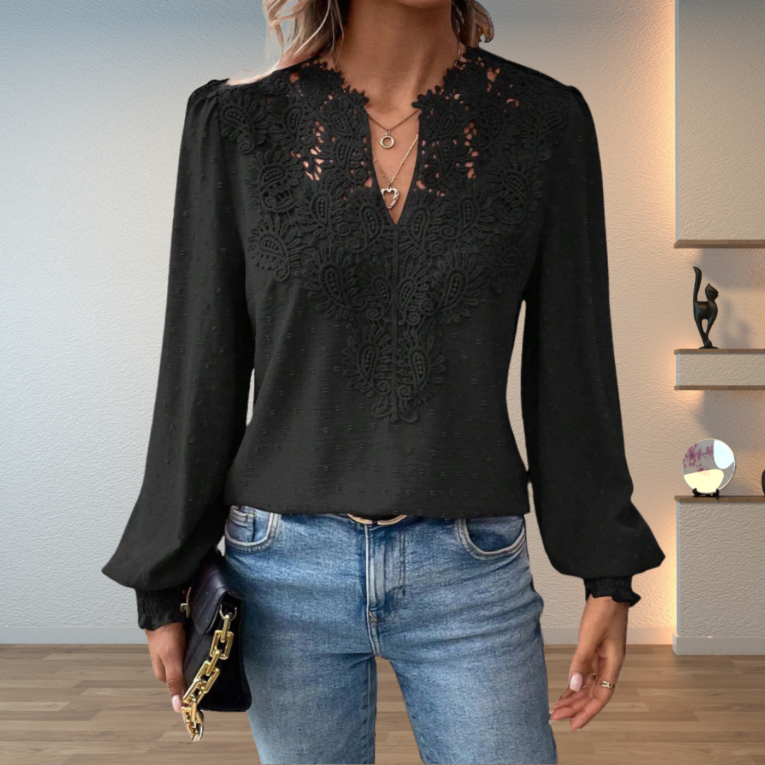 Lace Blouse with V-Neckline and Puff Sleeves for Women