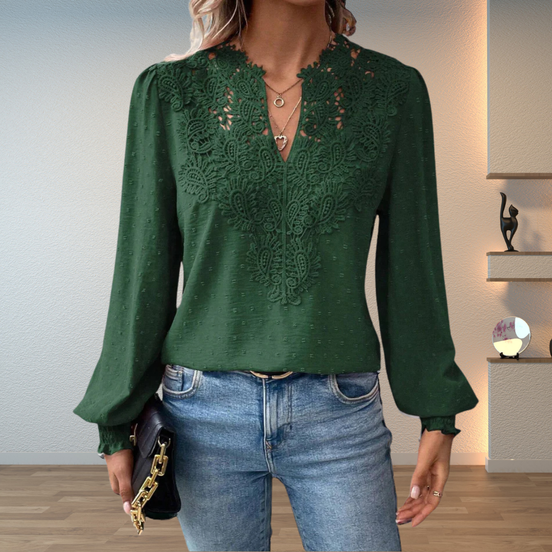 Lace Blouse with V-Neckline and Puff Sleeves for Women