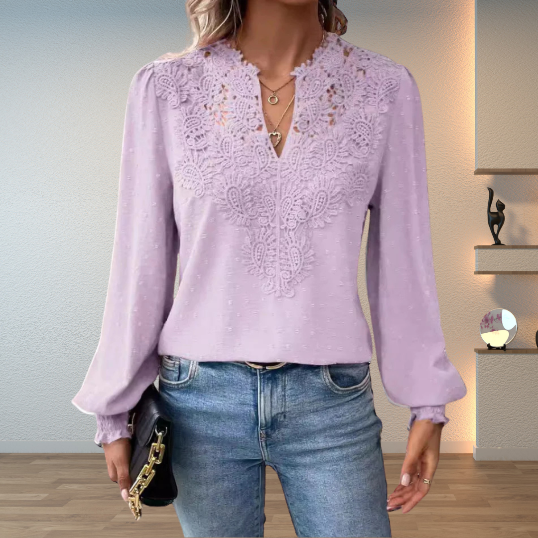 Lace Blouse with V-Neckline and Puff Sleeves for Women