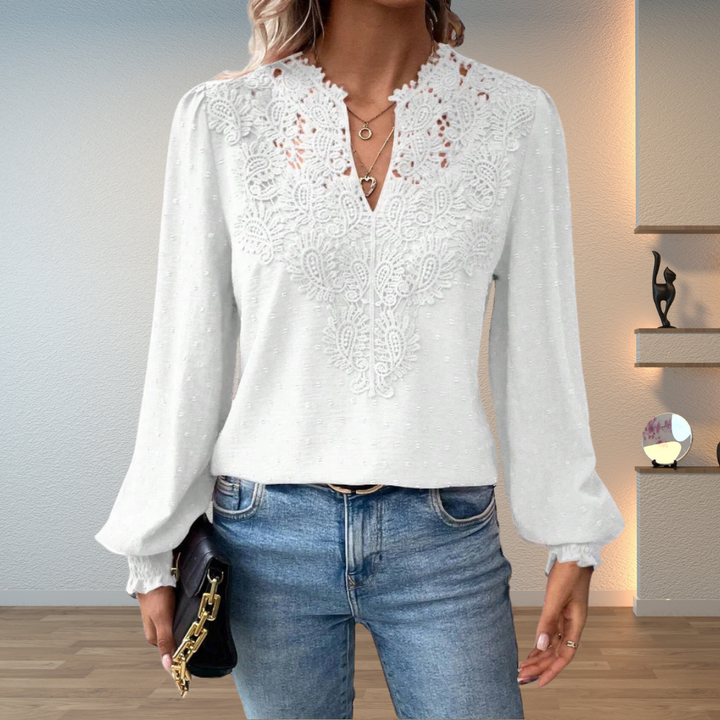 Lace Blouse with V-Neckline and Puff Sleeves for Women
