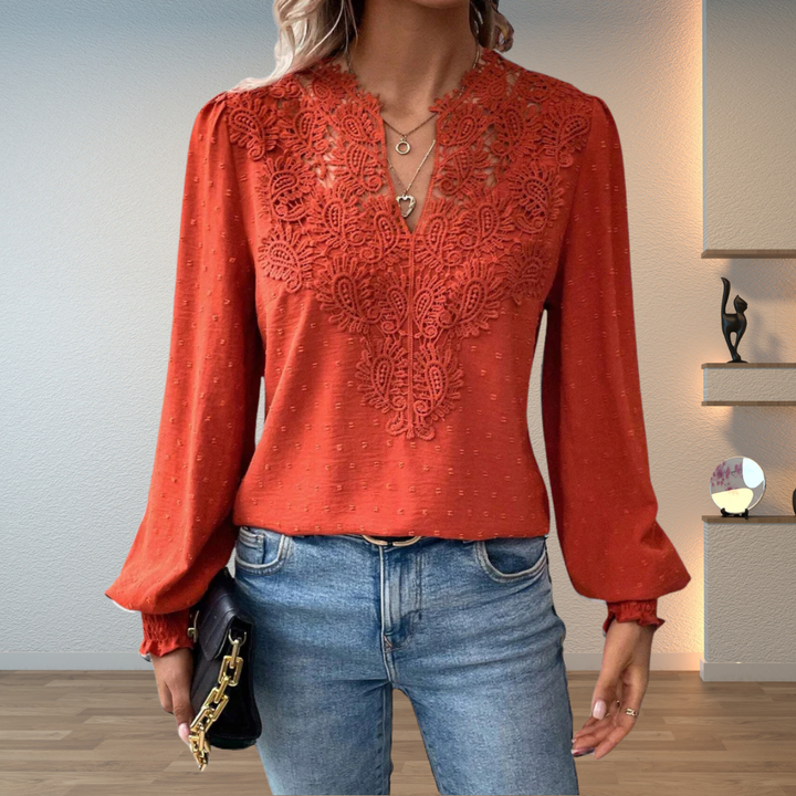 Lace Blouse with V-Neckline and Puff Sleeves for Women
