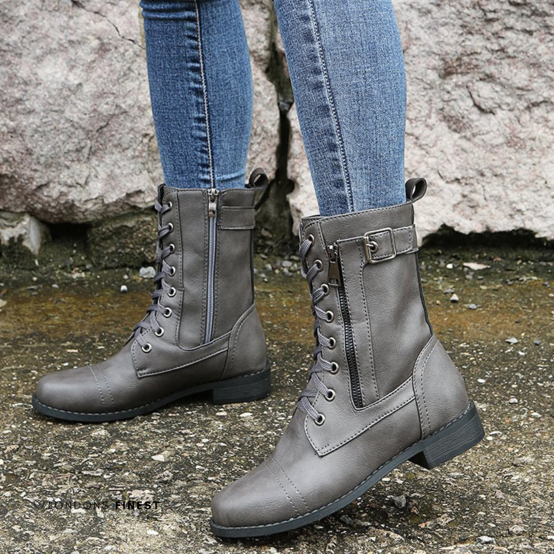 Lace Up Combat Boots with Buckle Strap for Women