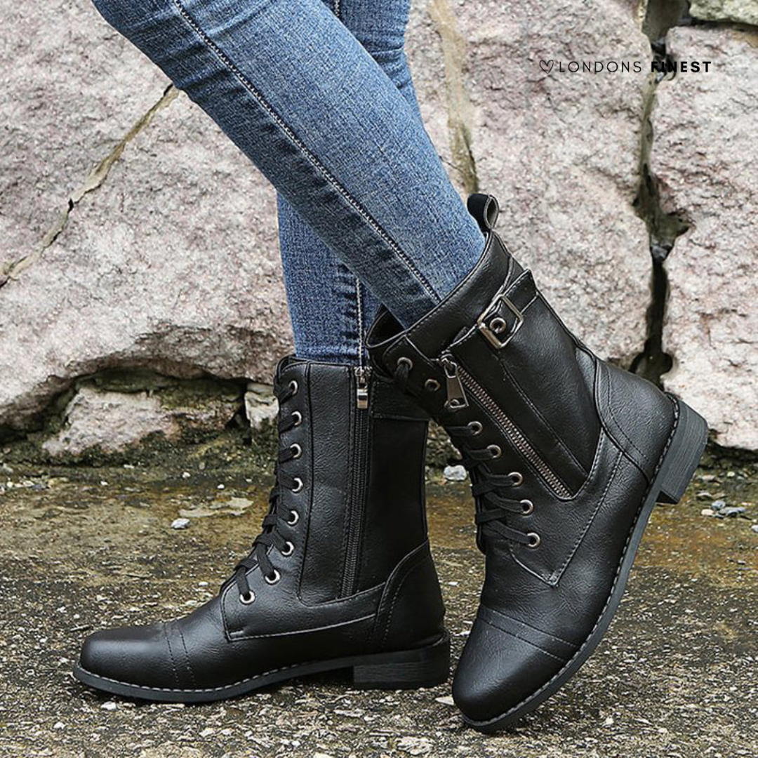 Lace Up Combat Boots with Buckle Strap for Women