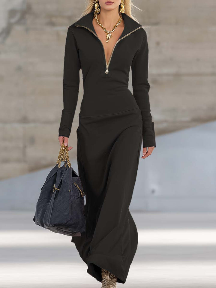 Long Sleeve Maxi Dress with Half Zip and Stand Collar