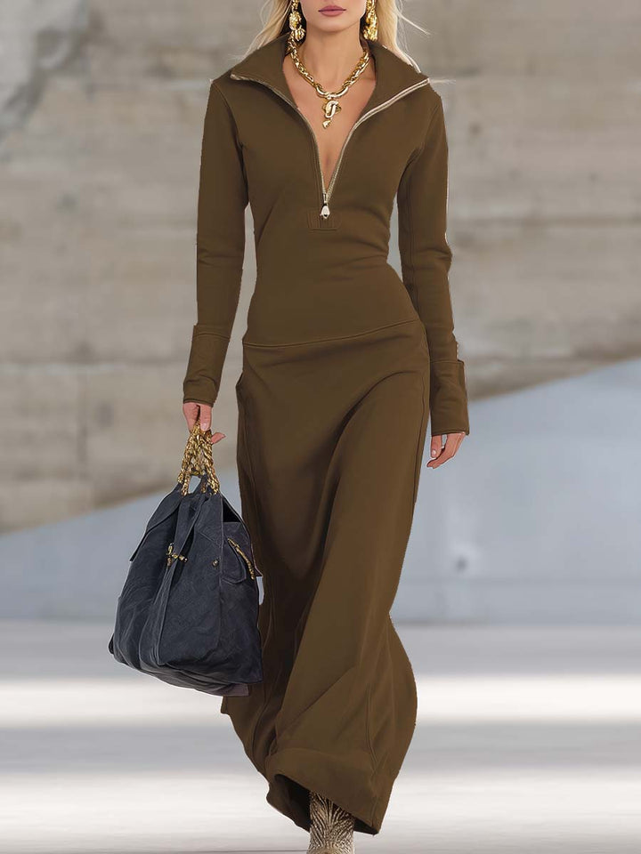 Long Sleeve Maxi Dress with Half Zip and Stand Collar