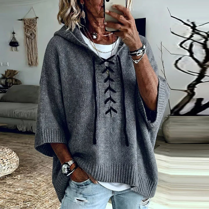 Oversized Hooded Knit Sweater with Lace-Up Front for Women